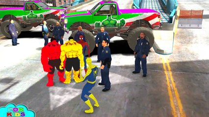 SPIDERMAN & HULK COLORS EPIC FLY PARTY Wheels On The Bus & School Bus Monster Truck