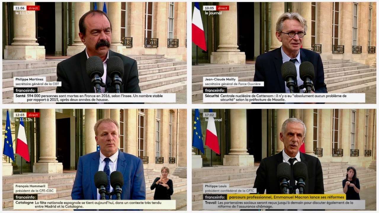 Formation pro, apprentissage, assurance chômage: interviews de Mailly (FO) Martinez (CGT), Hommeril et Louis à l'Élysée