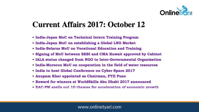 Current Affairs Today- Top 10 Current Affairs tips 2017 in Hindi - 12 अक्टूबर- OnlineTyari