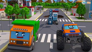 Blue Tractor Car Accident w Monster Truck on the road - 3D Animation Cartoon Cars & Trucks Stories