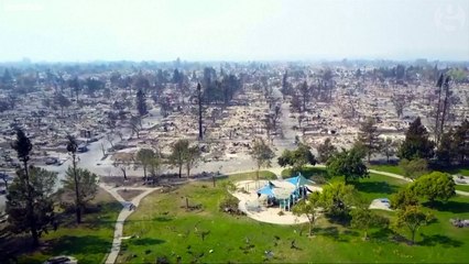 Drone footage shows a city in ruins as California fires continue to rage
