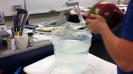 Bowling ball floats in water.