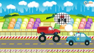 Giant Monster Truck & Racing Car adventures - Police Chase Cartoon For Kids