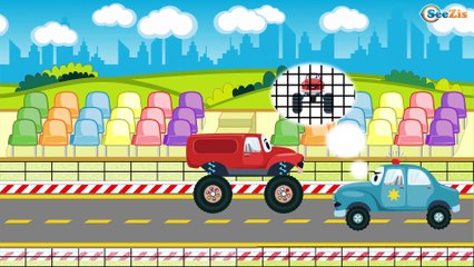 Giant Monster Truck & Racing Car adventures - Police Chase Cartoon For Kids