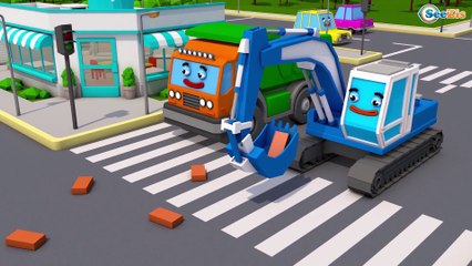 Giant Bulldozer & Yellow Excavator digging in the Big City 3D Children Video Cars & Trucks Stories