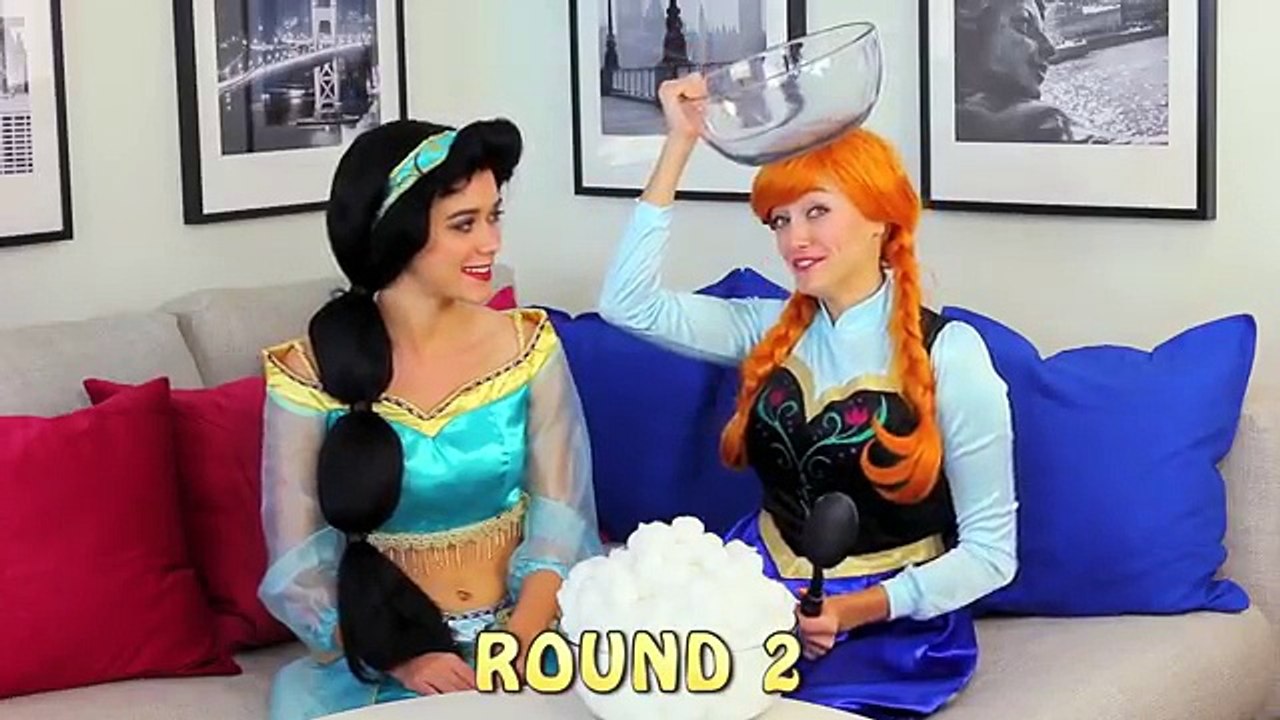 Anna vs Jasmine Cotton Ball Challenge For Kids with Frozen vs Aladdin. DisneyToysFan.