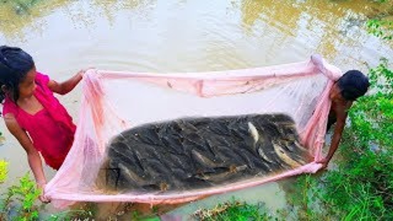 Do you like simple life? Two kids Catch a lot of Fish, Water Snakes, and Crabs With Cast N