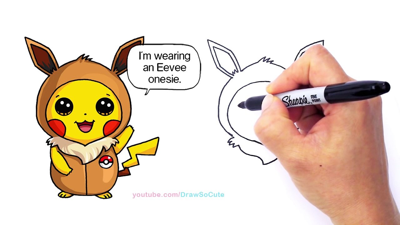 Pokemon CHALLENGE - How to Draw Pikachu in Eevee Onesie step by ...