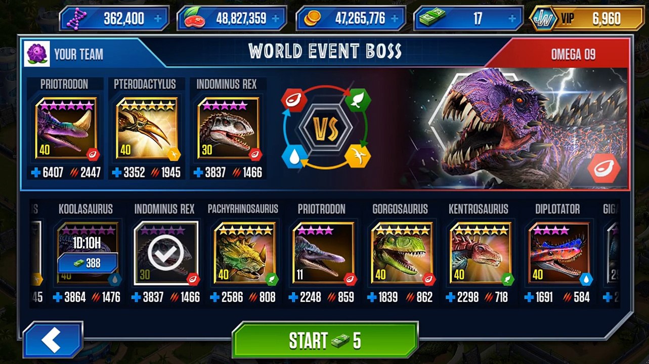 WORLD BOSS T.Rex Omega 09 Vs VIP Dinosaurs - Jurassic World The Game
