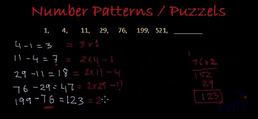 Number Patterns and Puzzle: 1, 4, 11, 29, 76, 199, 521, ___