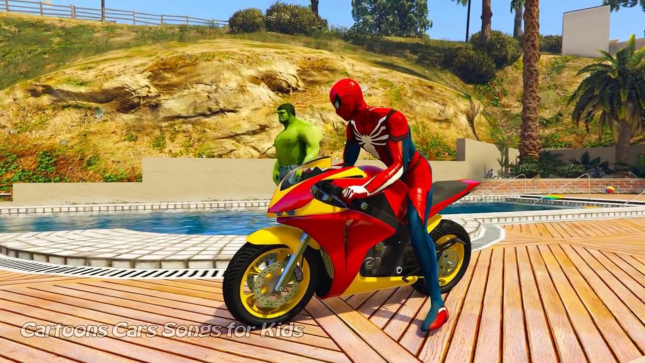 Hulk CRASH Into POOL on Motorbike! w/ Spiderman Superheroes Prank Cartoon for Kids