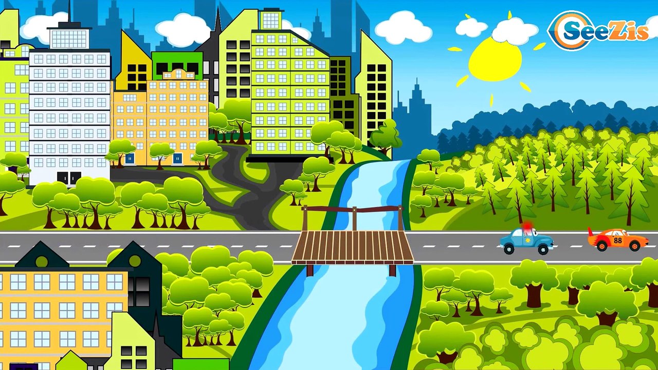 The Blue Police Car Race in the City | Construction Trucks & Service Vehicles Cartoons for children