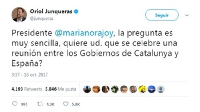 Junqueras a Rajoy: ¿Quiere reunión entre gobiernos de Cataluña y España?