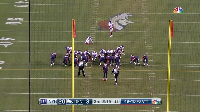 Denver Broncos defensive end Adam Gotsis blocks New York Giants field goal attempt