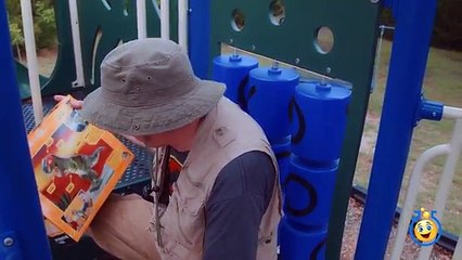 GIANT Life Size T-REX Dinosaur vs Park Ranger Aaron In Real Life at Playground in Fun Kids Toy Video