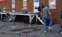 Guy Completely Destroys Dozens Of Empty Cans With His Foot