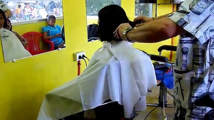 Short barber bob and bangs cut