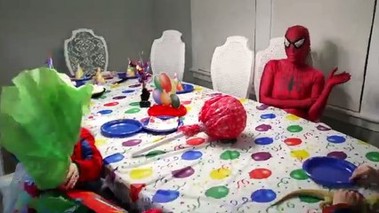 Spiderman and Frozen Elsa fight for chocolate fountain w/ Baby Elsa and dc comics stars in real life