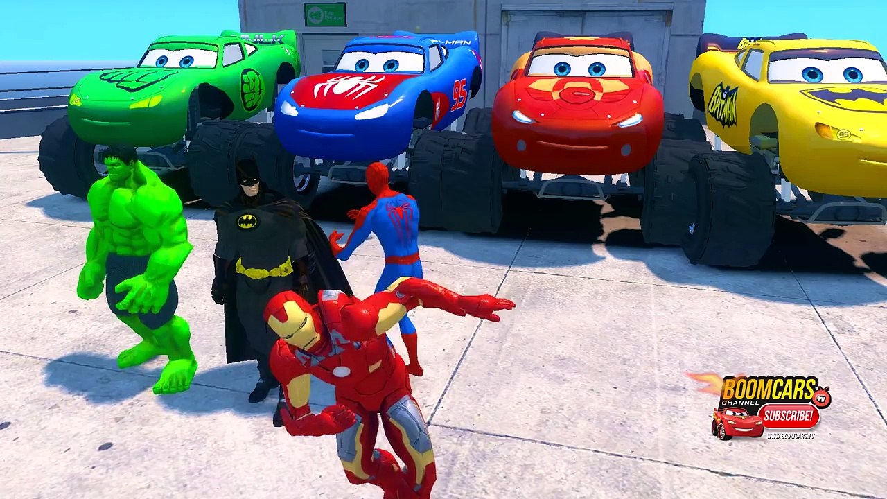 Monster Trucks for KIDS Lightning McQueen Disney Cars w Custom Superhero Paint Job, childrens songs