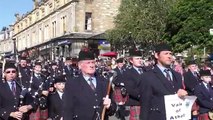 Street Parade of the massed Scottish pipe bands to the 2016 Pitlochry Highland Games in Perthshire