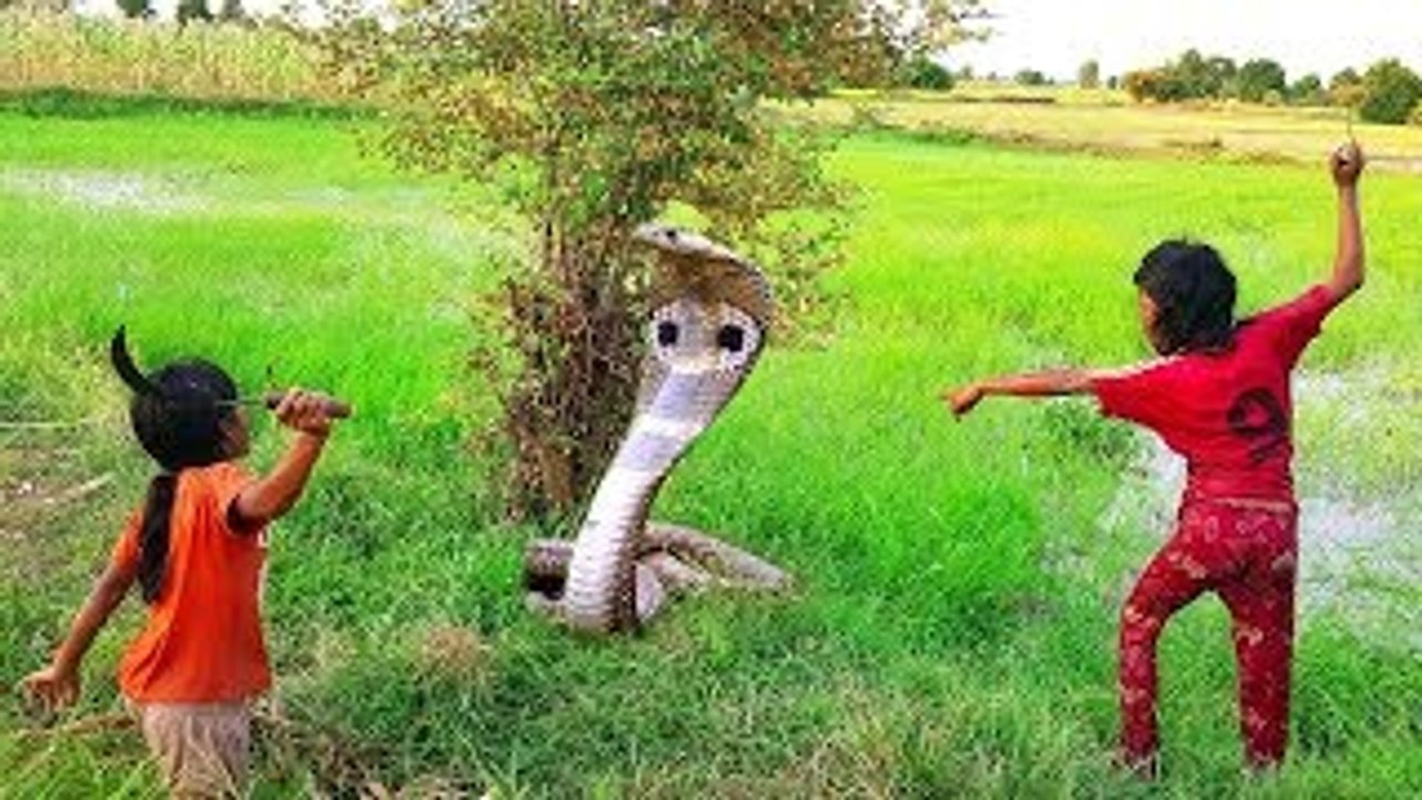 Amazing Two Cousins Catch Big Snake While Cutting Grass For Their Cows