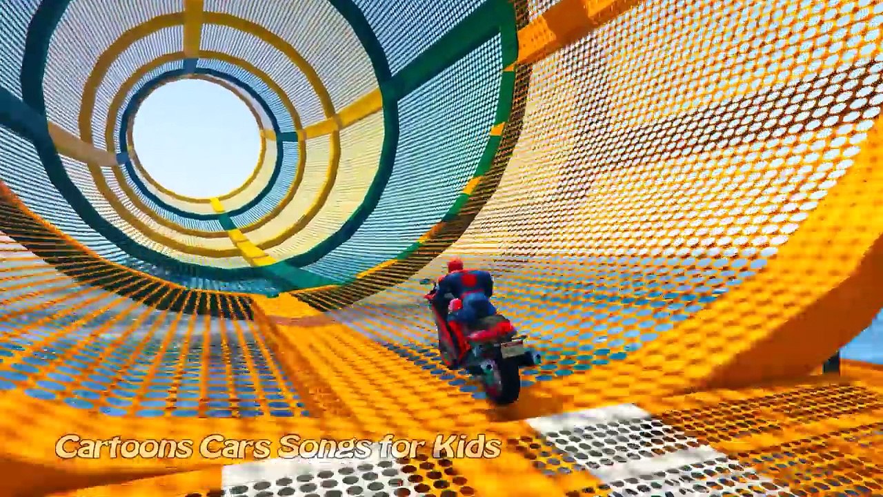 COLOR MOTORBIKE & BMX Bikes Extreme Jumping w/ Spiderman Superheroes Cartoon for Kids