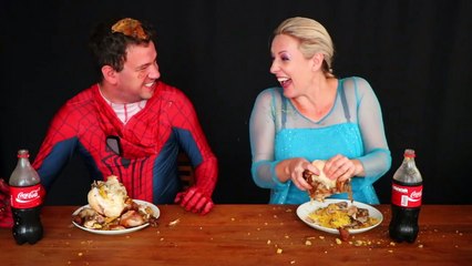 Spiderman vs Frozen Elsa EATING CHICKEN CHALLENGE w/ Joker Girl - Superhero Fun Toys Kids IRL
