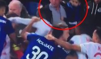 Everton - Lyon maçında kavga... Taraftar, kucağında çocuğuyla yumruk atmaya çalıştı