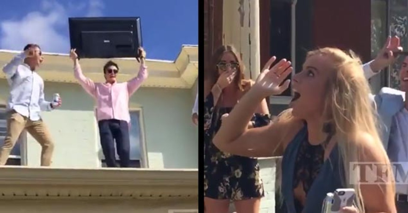 Cute Blonde Girl Gets Bashed In The Head With A Flat Screen TV