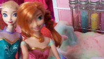 Anna and Elsa Bath Time Frozen Anna and Elsa Toddlers Visit Barbie Day Spa Relax Fun Toys In Action