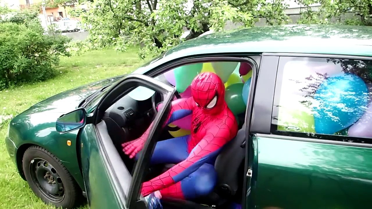 Spiderman vs Joker! Balloon Car prank! w:Frozen Elsa & Maleficent! Superheroes Fun