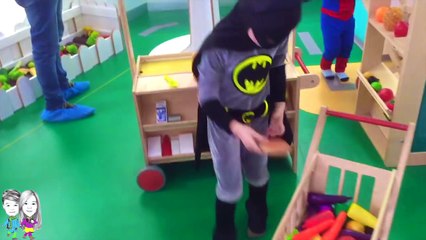 INDOOR PLAYGROUND SPIDERMAN VS ELSA & Batman in Real Life! Grocery Shopping Fun!