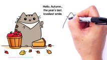 How to Draw Autumn Pusheen Cat Eating Pie step by step Easy - Fall Leaves