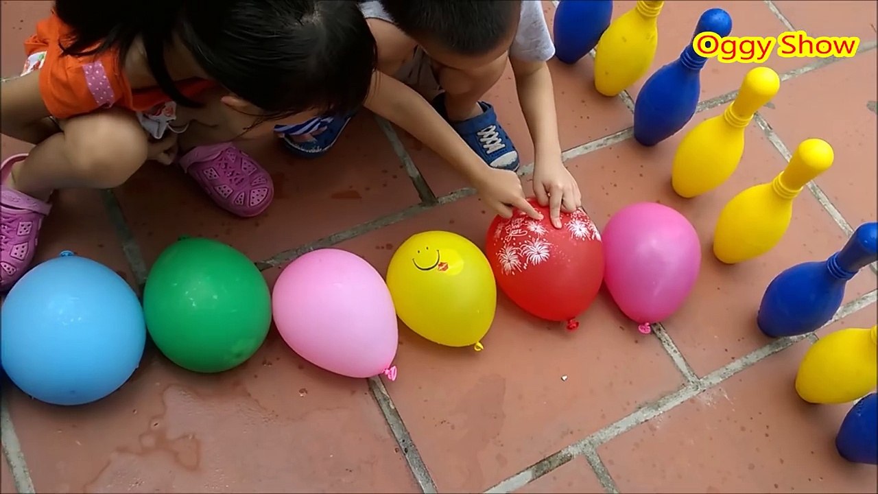 Learn Colors With Funny Bowling Game Water Balloon Balls Popping Show Education Video For Kids