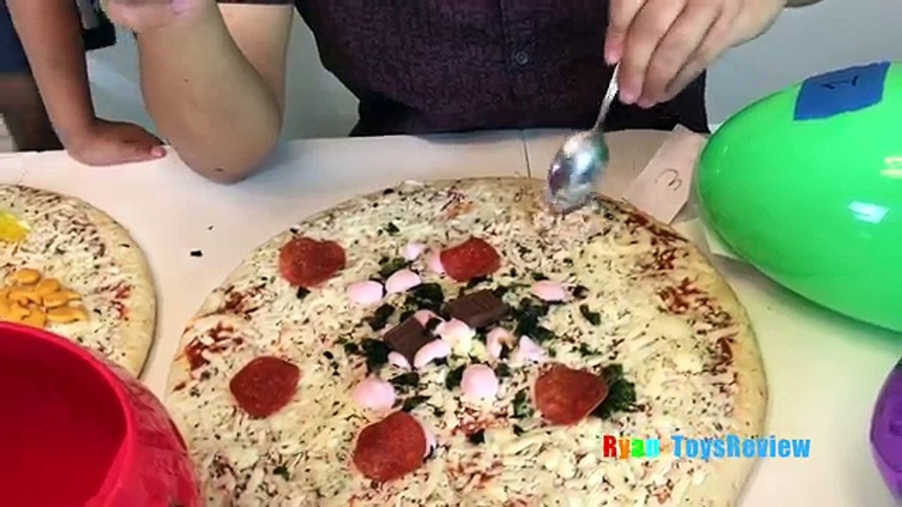 PIZZA CHALLENGE RYAN TOYSREVIEW with Bean Boozled Gross Pizza Candy Surprise Eggs Opening