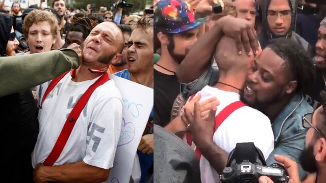 An Anti-White Nationalism Protester Asked A Man Wearing A Swastika T-Shirt For A Hug