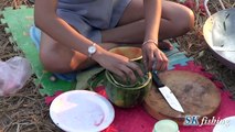 Village Cut Girl Making Special Food Pork in to WaterMelon Village Food Fory Food Khmer Food