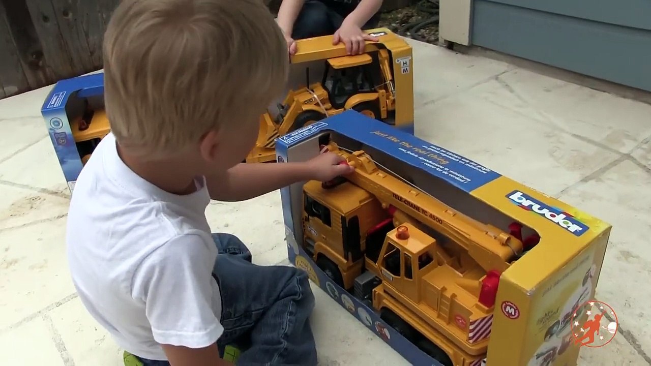 Toy Truck Videos for Children - Toy Bruder Backhoe Excavator, Crane Truck and Tror Trailer