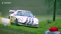 Rally spectators push Porsche out of ditch