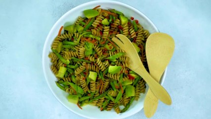 Asian-Inspired Pasta Salad with Asparagus, Snow Peas, and Avocado