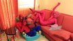 #SPIDERMAN Gets Stuck in Baby BALL PIT Bath w/ PINK SPIDERGIRL, FROZEN ELSA & VENOM - Superhero Fun!