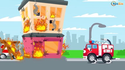 Kids Cartoon- The White Ambulance with The Fire Truck - Emergency Vehicles Cartoon for children