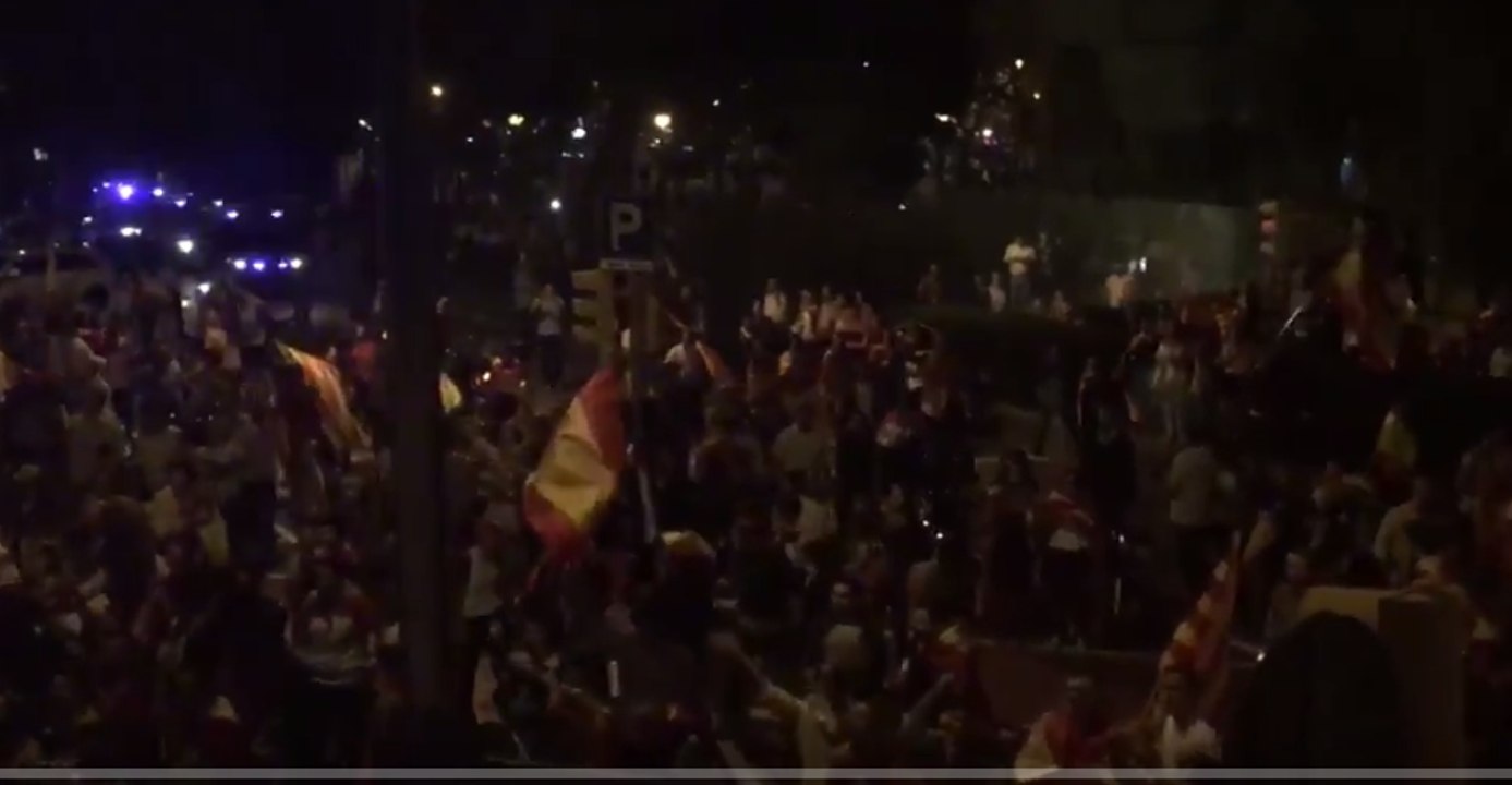 Pro-Spain Demonstrators Rally Outside Catalunya Radio Office in Barcelona