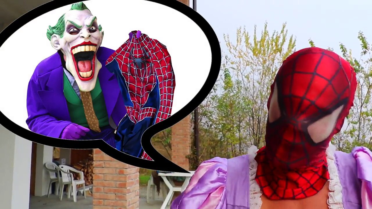 Naked SPIDERMAN Wears Princess Rapunzels Dress? w/ Frozen Elsa Snow White Joker Hulk in Real Life