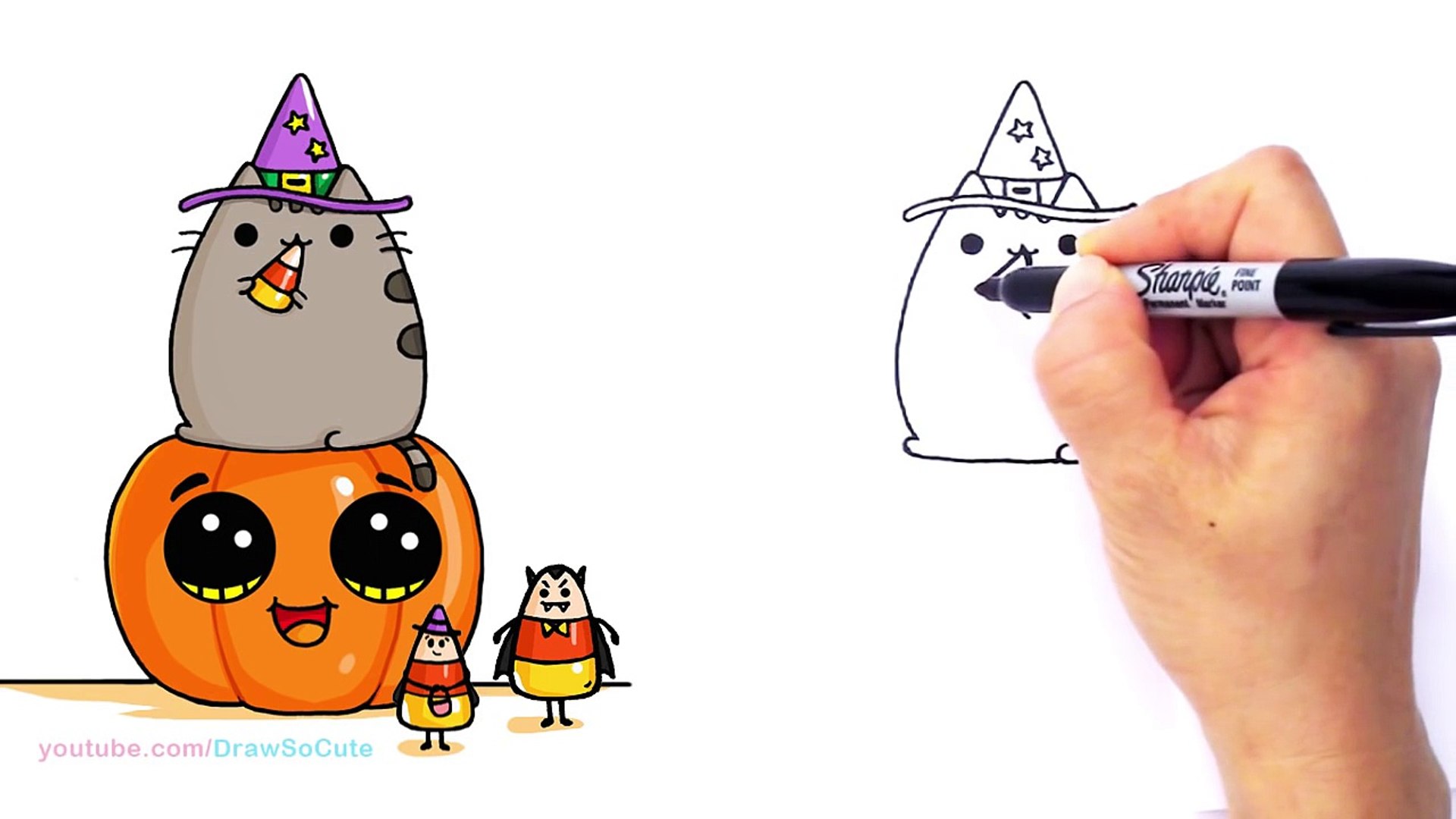 How to Draw Pusheen Cat on Pumpkin with Candy Corn step by step Easy  -Halloween─影片 Dailymotion