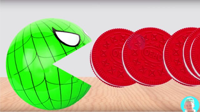 Cartoons for kids 3D Pacman Suprise Eggs Spiderman eating OREO COOKIES Learning Colors