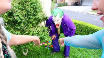 Frozen Elsa vs Joker BODY PAINT PRANK! w/ Spiderman Anna Hulk in Real Life Fun Superhero for Kids