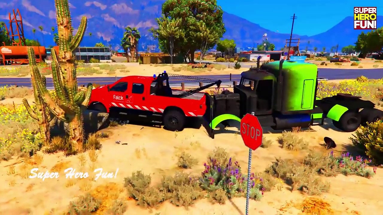 Truck in Trouble! Trucks vs Train in Spiderman Cartoon with Nursery Rhymes Songs 6