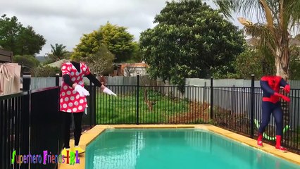 Minnie Mouse CRASH Into POOL?! w/ Spiderman Frozen Elsa Hulk & Joker RC CAR Movie in Real Life kids