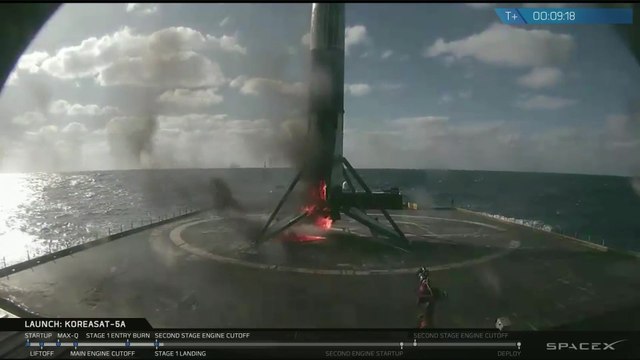 Falcon 9 First Stage Lands on Drone Ship after Hot Re-Entry during KoreaSat 5A Mission